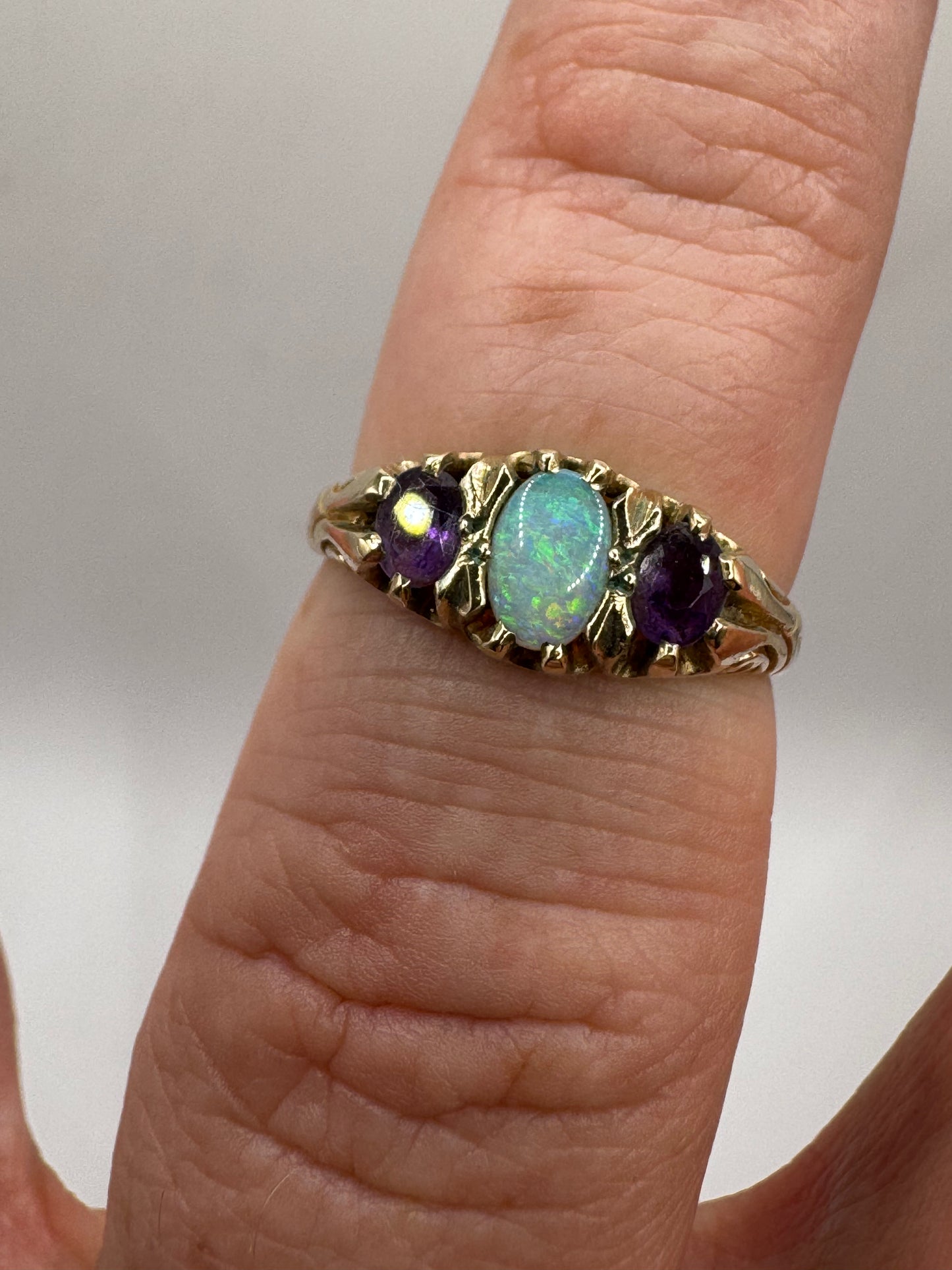 9ct gold Engraved synthetic opal & Amethyst ring.