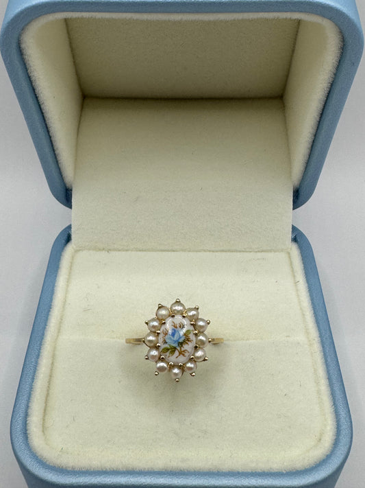 9ct Gold Limoge & Pearl Ring