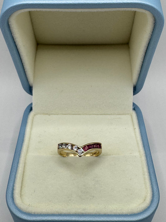 9ct Gold Ruby & Cubic Zirconia Wishbone Ring