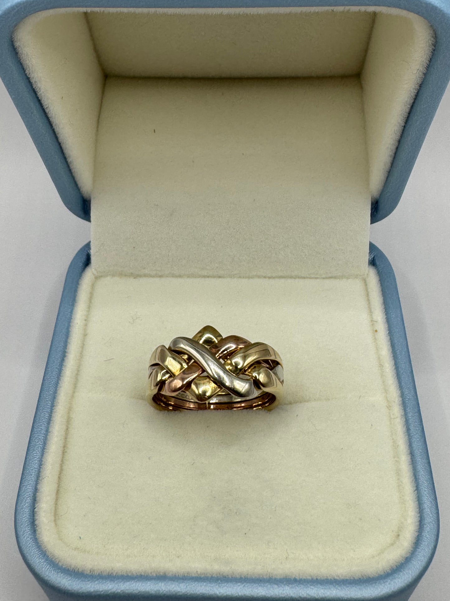 9ct Gold Yellow, Rose & white Puzzle Ring.