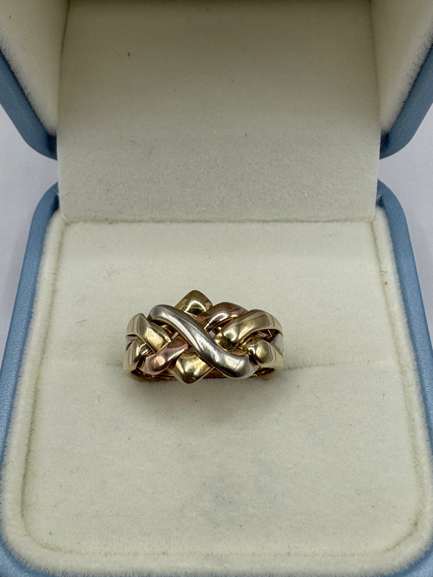 9ct Gold Yellow, Rose & white Puzzle Ring.